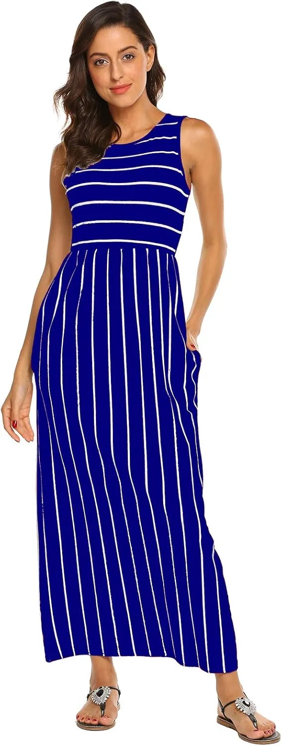 Hount Women's Summer Sleeveless Striped Flowy Casual Long Maxi Dress with Pockets