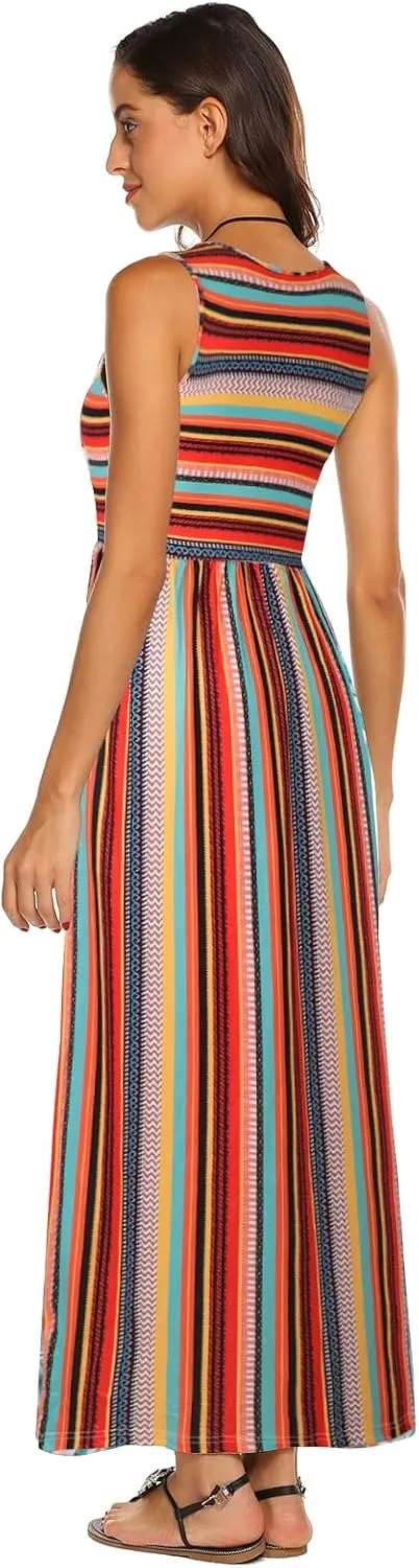 Hount Women's Summer Sleeveless Striped Flowy Casual Long Maxi Dress with Pockets