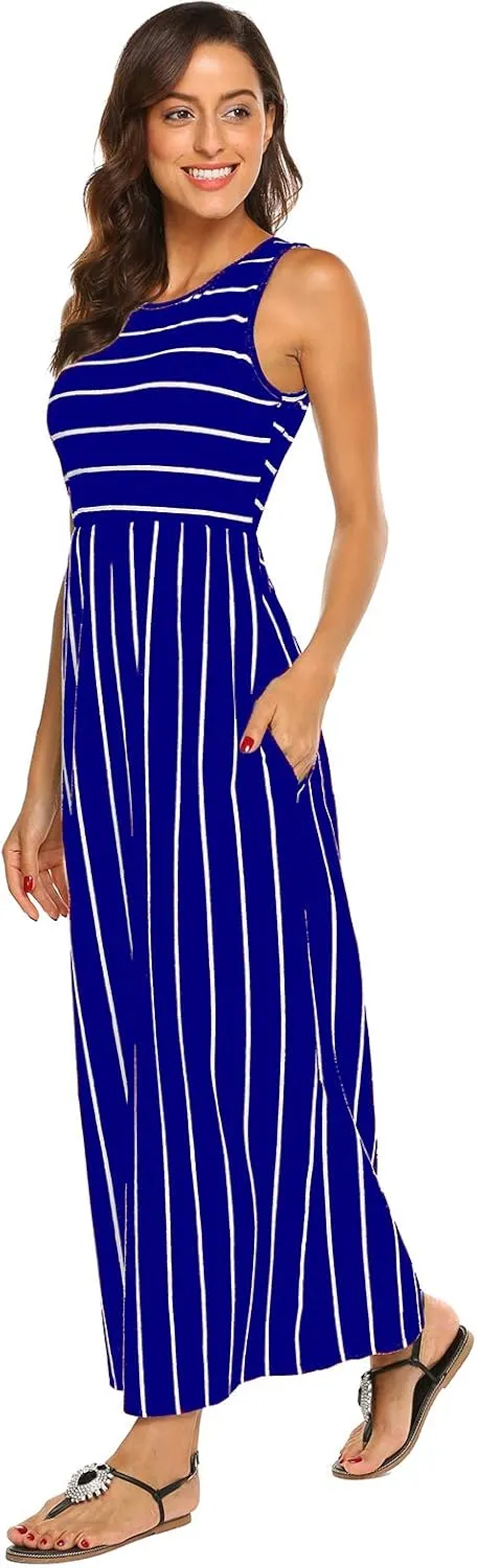 Hount Women's Summer Sleeveless Striped Flowy Casual Long Maxi Dress with Pockets