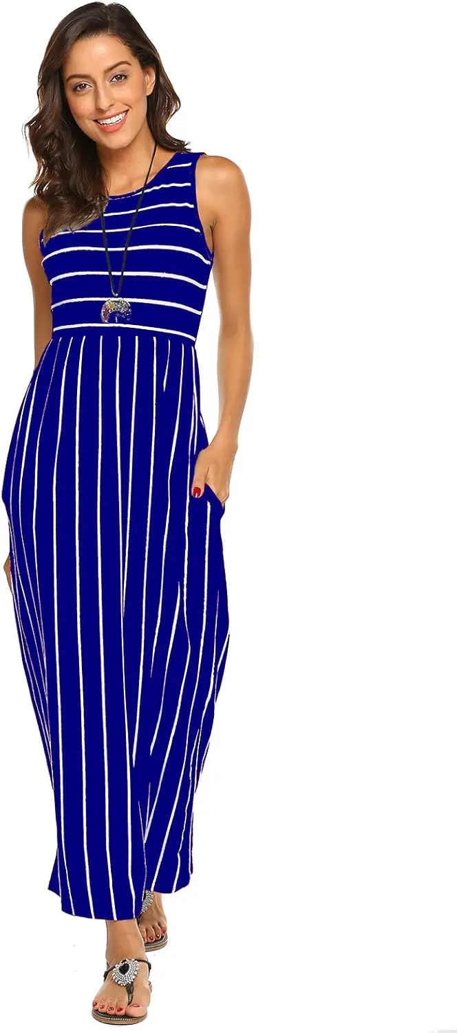 Hount Women's Summer Sleeveless Striped Flowy Casual Long Maxi Dress with Pockets