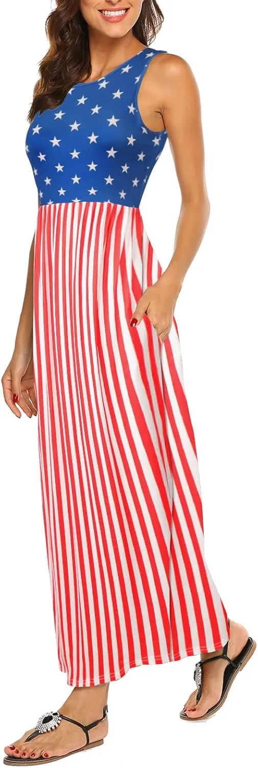 Hount Women's Summer Sleeveless Striped Flowy Casual Long Maxi Dress with Pockets
