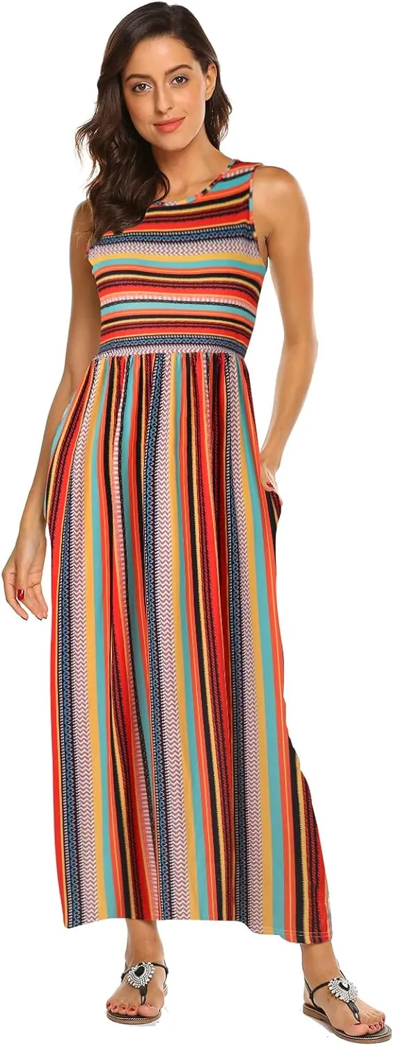 Hount Women's Summer Sleeveless Striped Flowy Casual Long Maxi Dress with Pockets