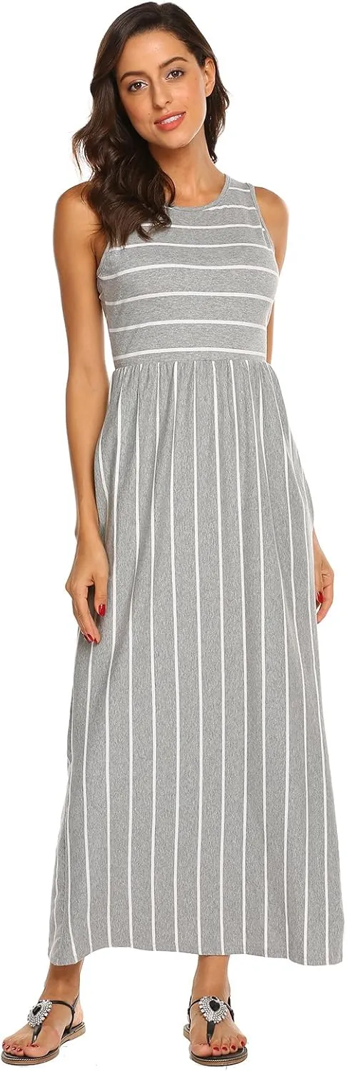 Hount Women's Summer Sleeveless Striped Flowy Casual Long Maxi Dress with Pockets