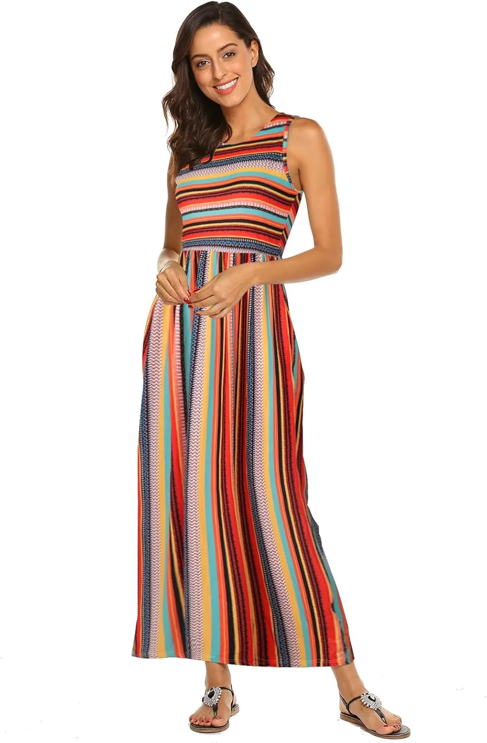 Hount Women's Summer Sleeveless Striped Flowy Casual Long Maxi Dress with Pockets