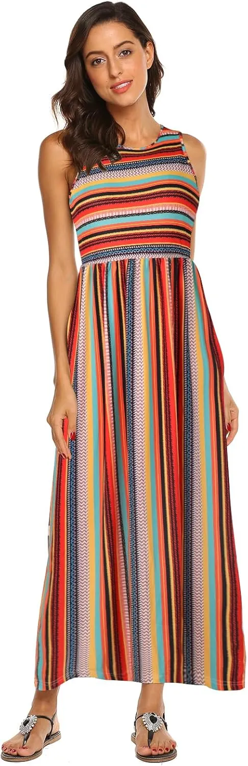 Hount Women's Summer Sleeveless Striped Flowy Casual Long Maxi Dress with Pockets