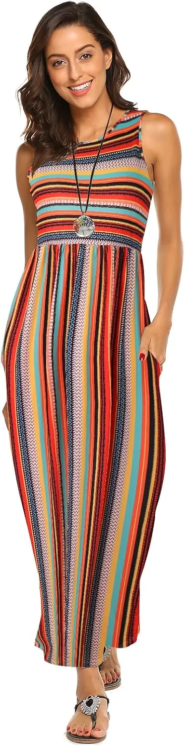 Hount Women's Summer Sleeveless Striped Flowy Casual Long Maxi Dress with Pockets
