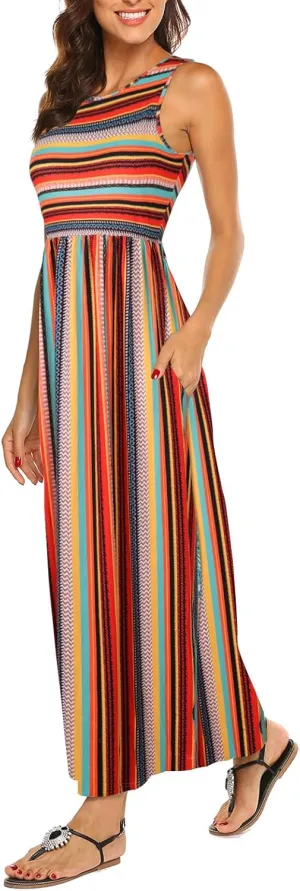 Hount Women's Summer Sleeveless Striped Flowy Casual Long Maxi Dress with Pockets