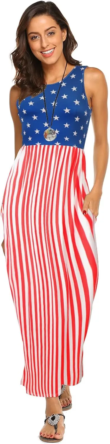 Hount Women's Summer Sleeveless Striped Flowy Casual Long Maxi Dress with Pockets