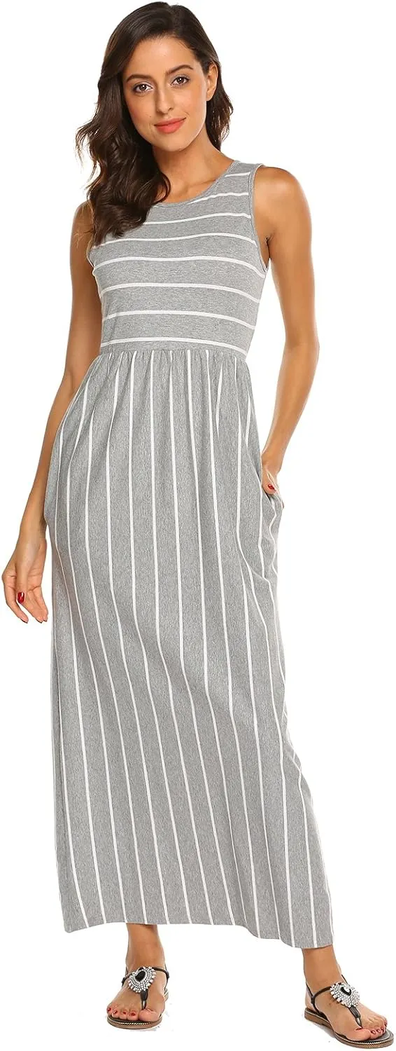 Hount Women's Summer Sleeveless Striped Flowy Casual Long Maxi Dress with Pockets