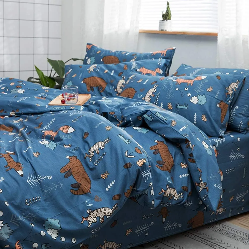 Houseri Blue Bear Comforter Sets Queen Boys Cartoon Bear Comforter Full Fox Rabbit Animal Bedding Sets Queen Teens Woodland Forest Comforter Sets Full Size 3 Piece Quilts Soft