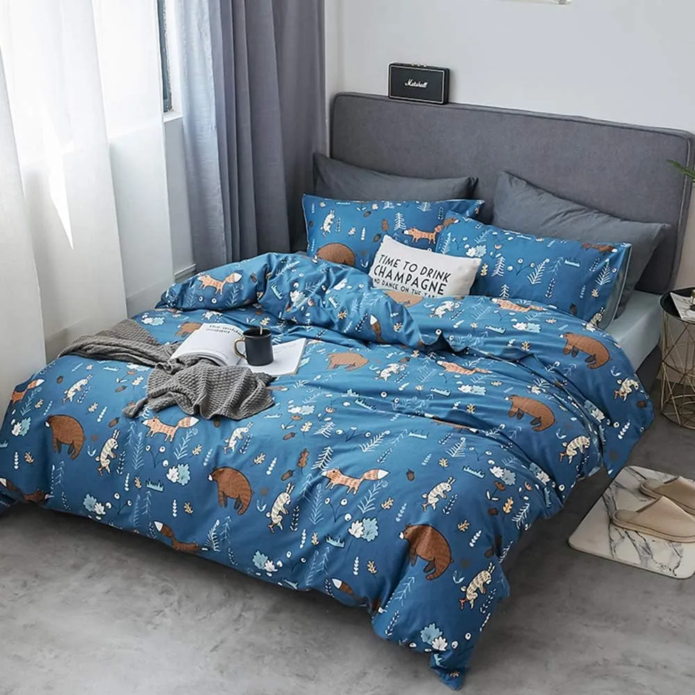 Houseri Blue Bear Comforter Sets Queen Boys Cartoon Bear Comforter Full Fox Rabbit Animal Bedding Sets Queen Teens Woodland Forest Comforter Sets Full Size 3 Piece Quilts Soft