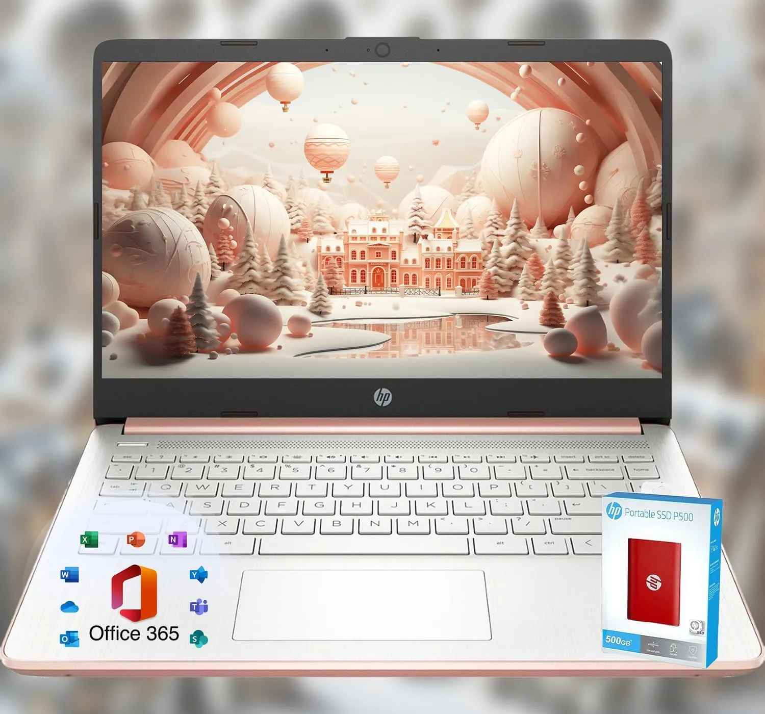 HP 14 Laptop • Back to School Limited Edition with Microsoft 365 • 4-Core Intel CPU • 16GB RAM •1600GB Storage (64GB OnBoard   512GB P500 Portable SSD   1TB OneDrive) • Rose Gold • Win 11