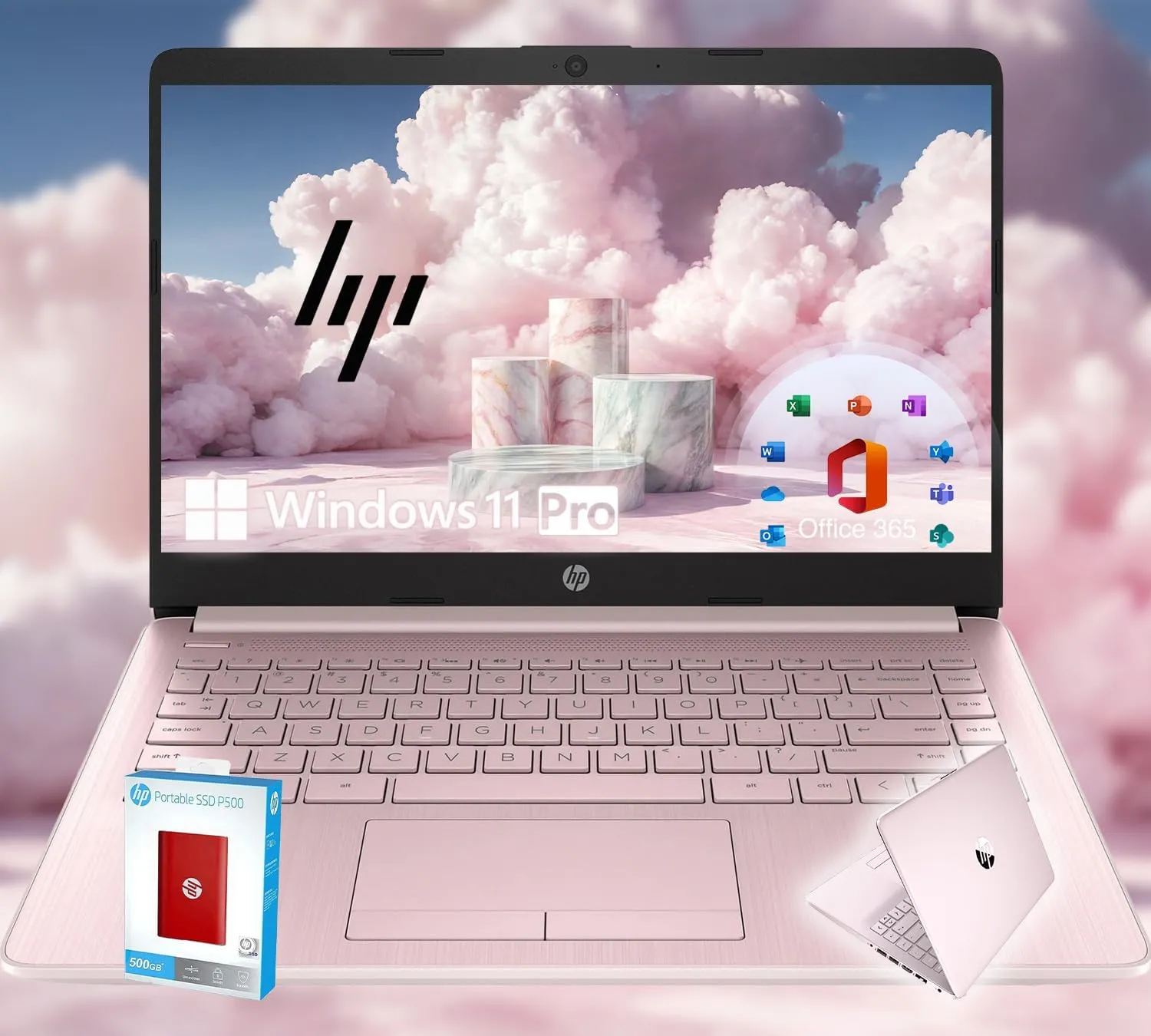 HP 14 Ultrabook • Intel 4-Core CPU • Back to School Limited Edition with Microsoft 365 • 16GB RAM • 1600GB Storage (64GB OnBoard withHP 512GB P500 Portable SSD   1TB OneDrive) • Win 11 Pro • Pink