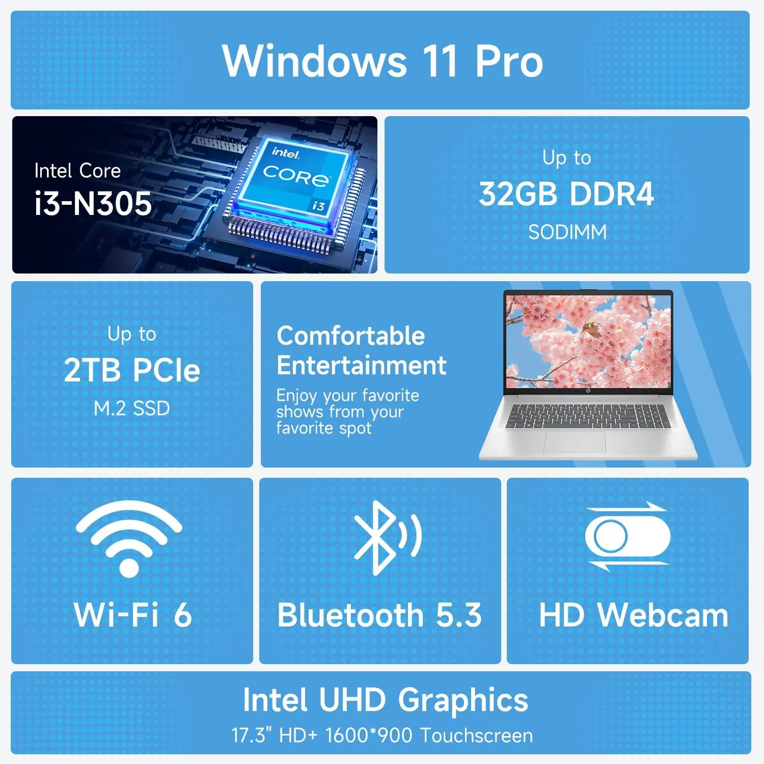HP High-Performance 17.3" Laptop, 17.3" HD  Touchscreen, 8-Cores Intel i3-N305, 32GB RAM, 128GB eMMC   1TB PCIe SSD, Webcam, HDMI, Numeric Keypad, Wi-Fi 6, Windows 11 Pro, Silver