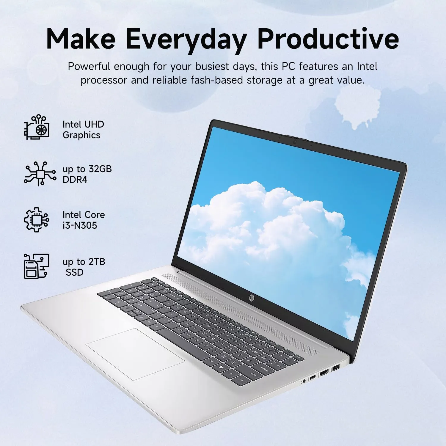 HP High-Performance 17.3" Laptop, 17.3" HD  Touchscreen, 8-Cores Intel i3-N305, 32GB RAM, 128GB eMMC   1TB PCIe SSD, Webcam, HDMI, Numeric Keypad, Wi-Fi 6, Windows 11 Pro, Silver