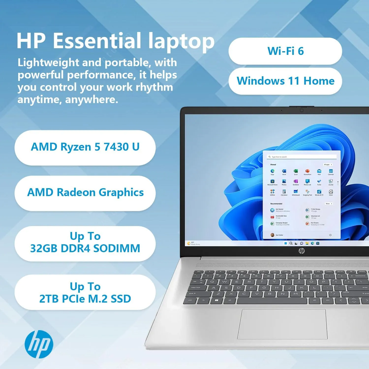 HP High-Performance Daily Use Laptop, 17.3" FHD Display, AMD Ryzen 5 7430U, 16GB RAM, 512GB SSD, Wi-Fi 6, Webcam, HDMI, Windows 11 Home, Silver, Bundle with Thunderobot Ergonomic Wireless Mouse