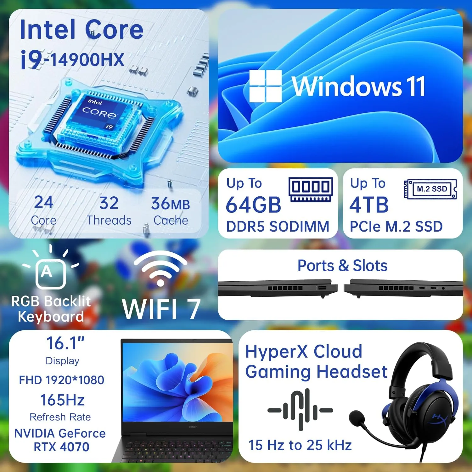 HP Omen 16 AI VR Ready Gaming Laptop, 16.1" FHD 165Hz IPS, Intel i9-14900HX, NVIDIA GeForce RTX 4070, 64GB DDR5 RAM, 1TB SSD, RGB Backlit KB, Wi-Fi 7, Bundle with HyperX Cloud Headset