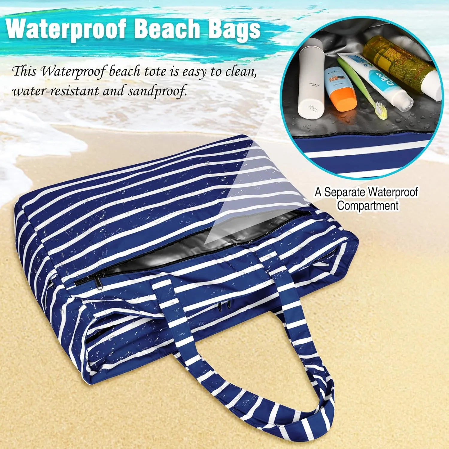 HUANLANG Extra Large Beach Bag Waterproof Beach Totes Bags for Women Men,Pool Bag with Zipper Wet Pocket