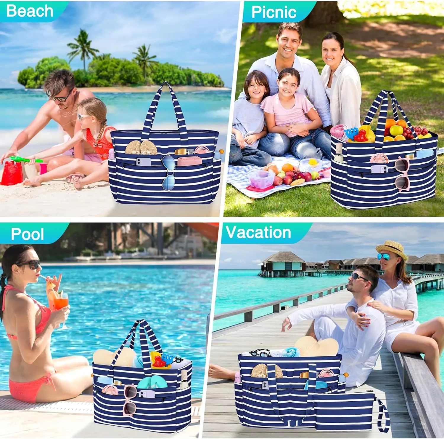 HUANLANG Extra Large Beach Bag Waterproof Beach Totes Bags for Women Men,Pool Bag with Zipper Wet Pocket