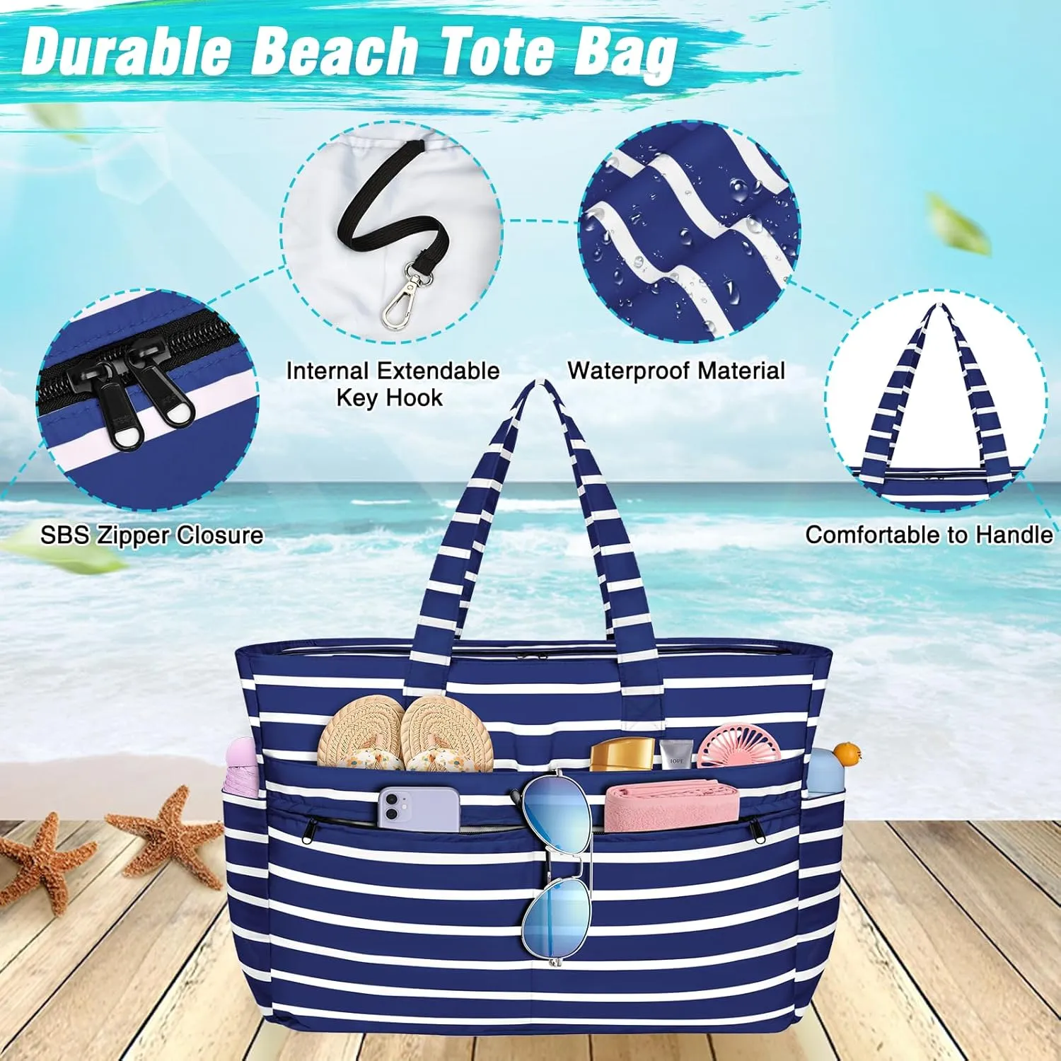 HUANLANG Extra Large Beach Bag Waterproof Beach Totes Bags for Women Men,Pool Bag with Zipper Wet Pocket