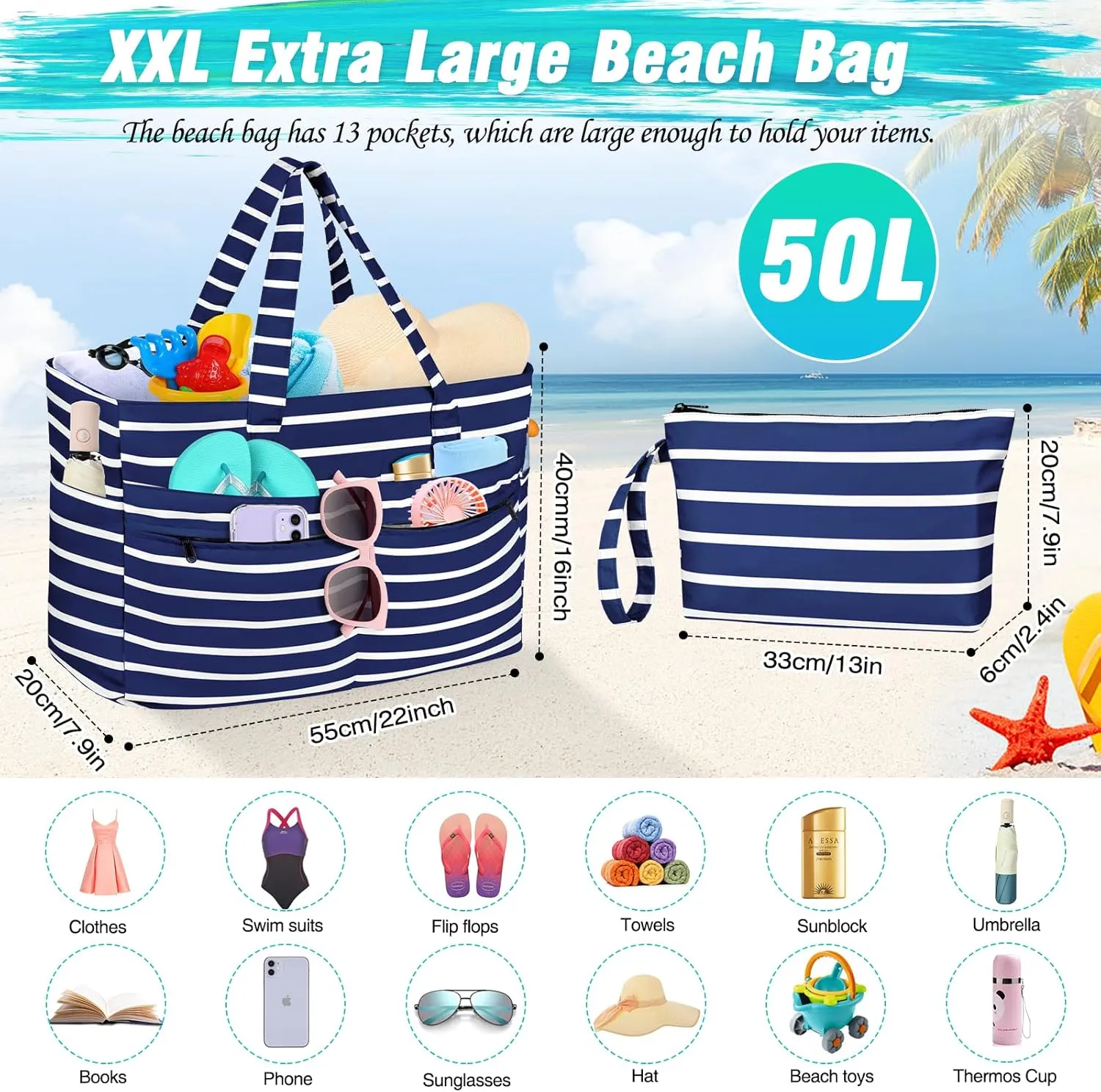 HUANLANG Extra Large Beach Bag Waterproof Beach Totes Bags for Women Men,Pool Bag with Zipper Wet Pocket