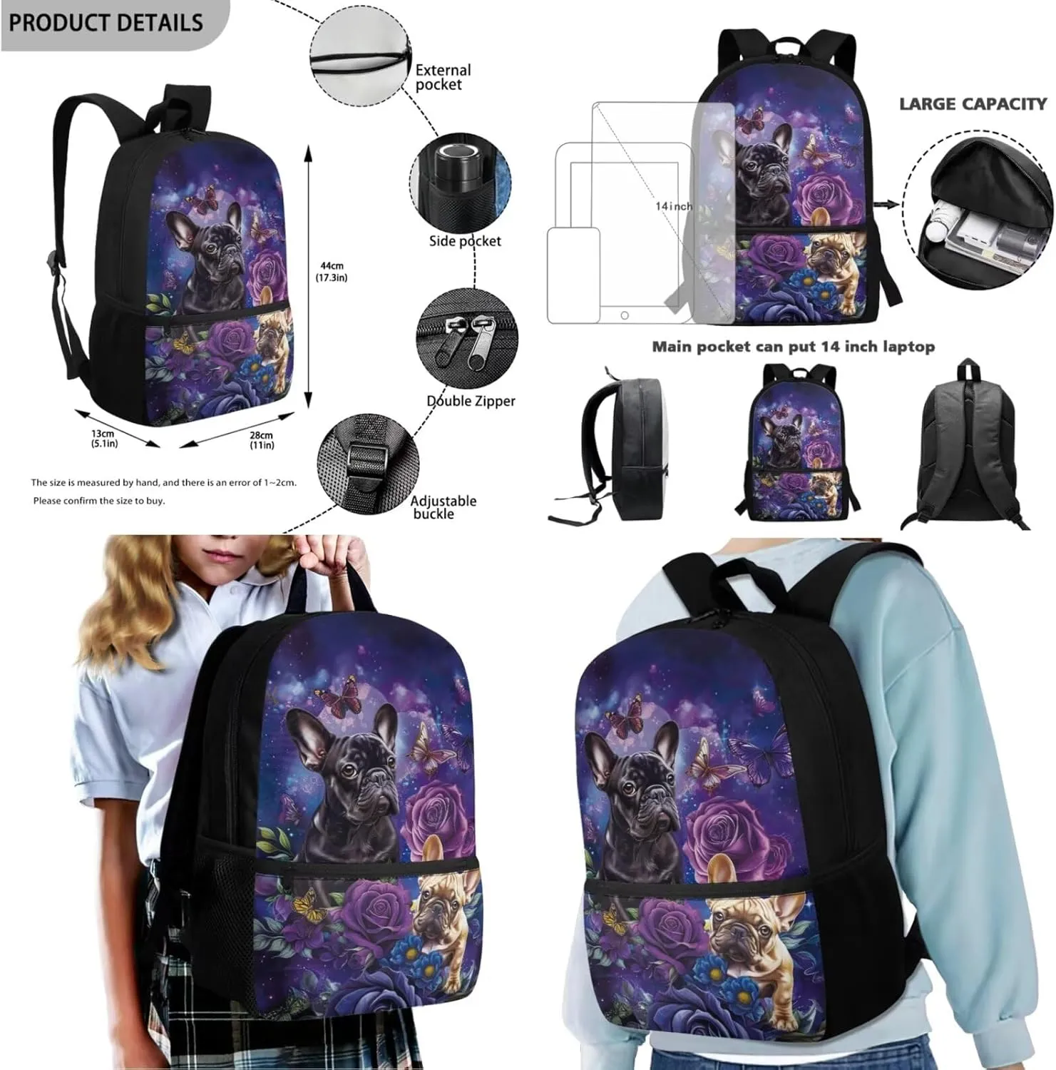 HUGS IDEA Bulldog Backpack for Girls 8-10 Purple Rose School Bookbag with Lunch Box Set Lightweight Backpacks for Girls Large Capacity School Bag for Elementary Students Daypack