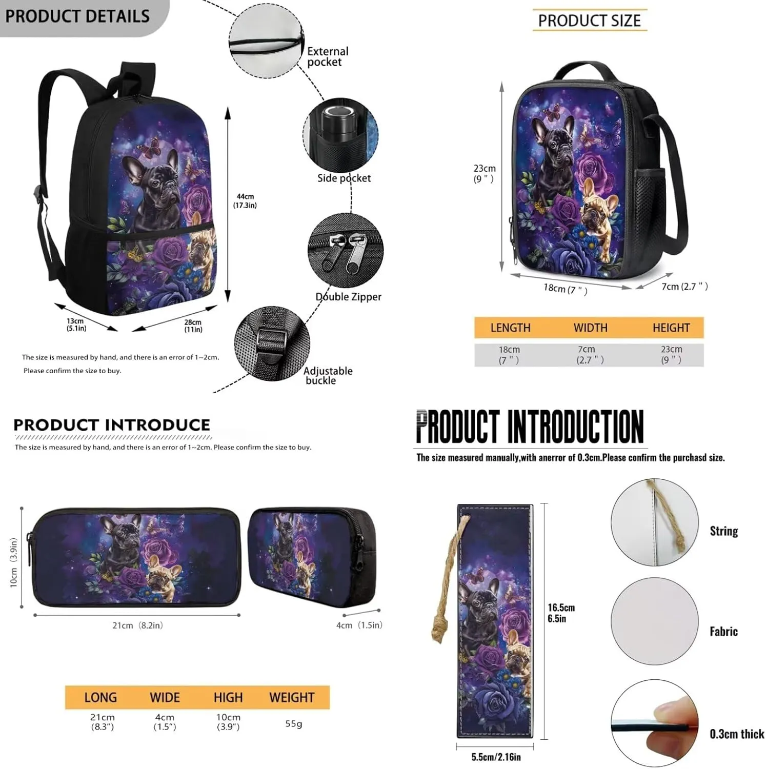 HUGS IDEA Bulldog Backpack for Girls 8-10 Purple Rose School Bookbag with Lunch Box Set Lightweight Backpacks for Girls Large Capacity School Bag for Elementary Students Daypack