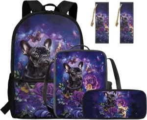 HUGS IDEA Bulldog Backpack for Girls 8-10 Purple Rose School Bookbag with Lunch Box Set Lightweight Backpacks for Girls Large Capacity School Bag for Elementary Students Daypack