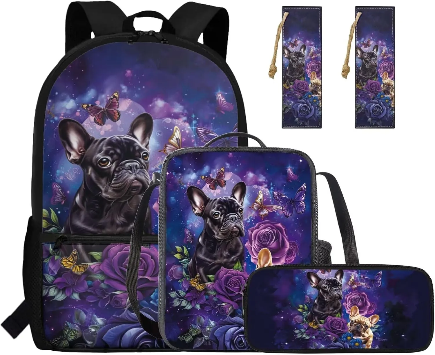 HUGS IDEA Bulldog Backpack for Girls 8-10 Purple Rose School Bookbag with Lunch Box Set Lightweight Backpacks for Girls Large Capacity School Bag for Elementary Students Daypack