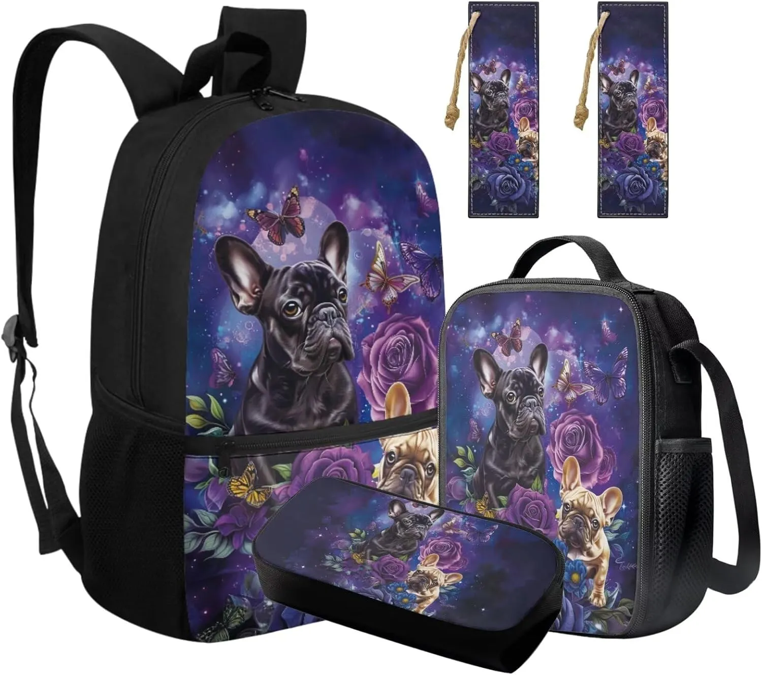 HUGS IDEA Bulldog Backpack for Girls 8-10 Purple Rose School Bookbag with Lunch Box Set Lightweight Backpacks for Girls Large Capacity School Bag for Elementary Students Daypack