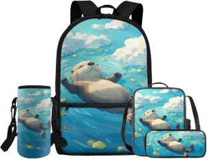 HUGS IDEA Cute Otter School Backpack for Girls Bookbag with Lunch Box Large Capacity School Bookbag Set for Elementary Girls 4 in 1 School Bag for 6th Grade Girls Travel Rusksack Daypack