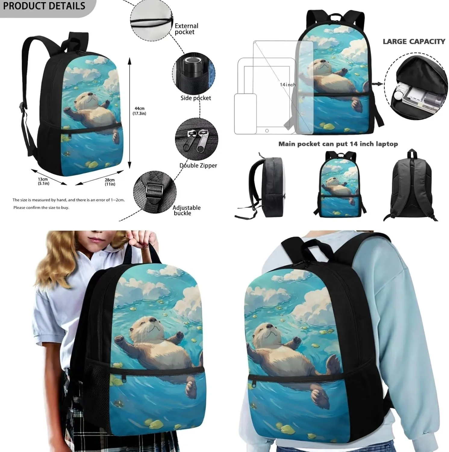 HUGS IDEA Cute Otter School Backpack for Girls Bookbag with Lunch Box Large Capacity School Bookbag Set for Elementary Girls 4 in 1 School Bag for 6th Grade Girls Travel Rusksack Daypack