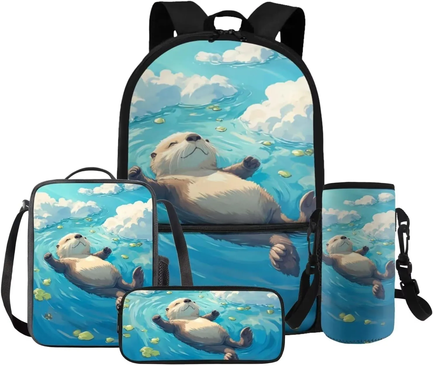 HUGS IDEA Cute Otter School Backpack for Girls Bookbag with Lunch Box Large Capacity School Bookbag Set for Elementary Girls 4 in 1 School Bag for 6th Grade Girls Travel Rusksack Daypack