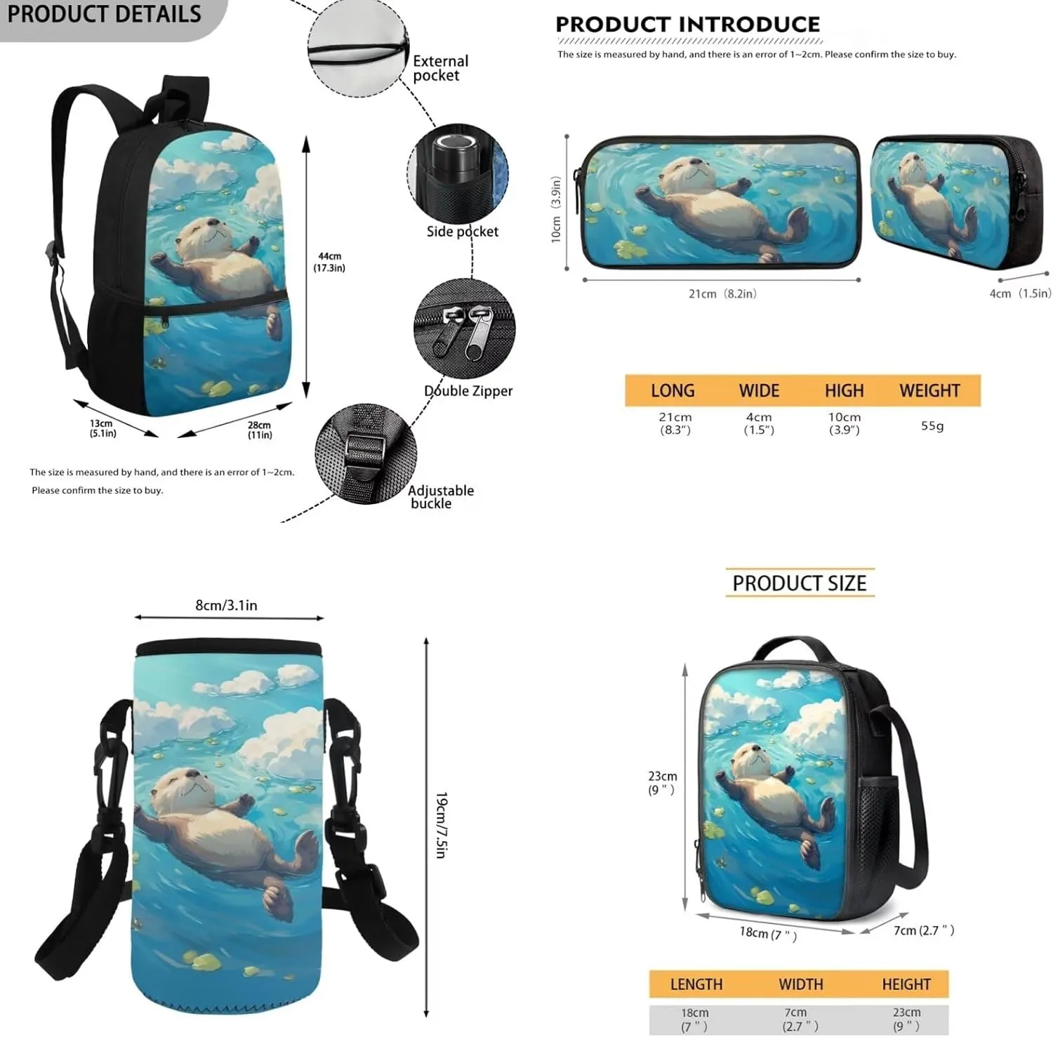HUGS IDEA Cute Otter School Backpack for Girls Bookbag with Lunch Box Large Capacity School Bookbag Set for Elementary Girls 4 in 1 School Bag for 6th Grade Girls Travel Rusksack Daypack