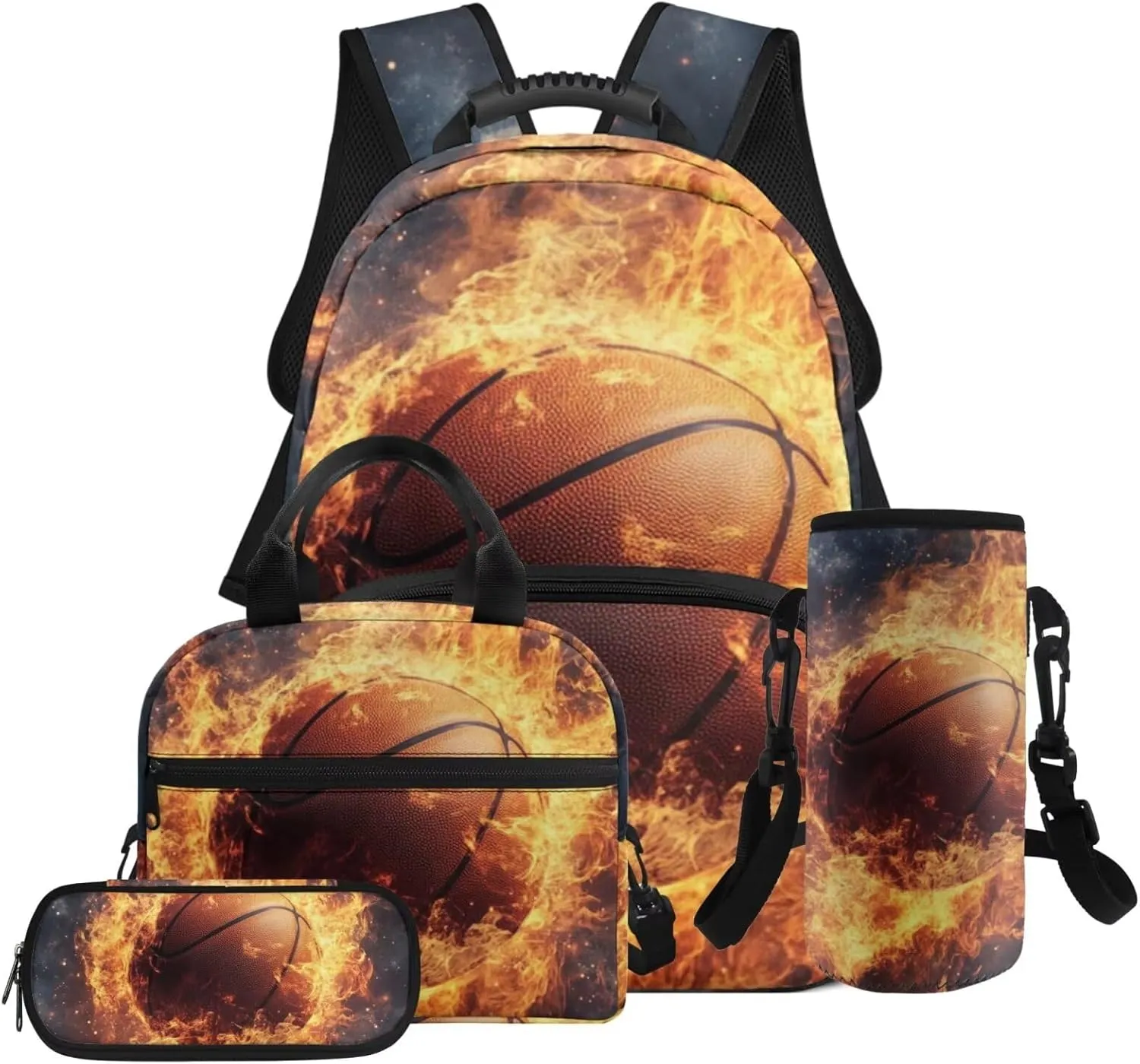 HUGS IDEA Fire Basketball Backpack for Boys 6-8 School Bookbag and Luncbox for Kids Cool School Bags for Elementary Boys Lightweight Book Bag for Kids Travel 17 Inch Schoolbag for Students