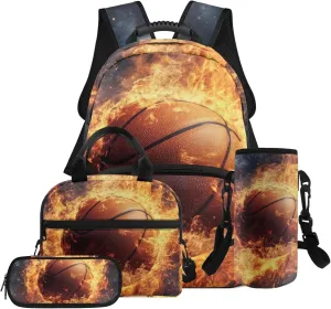 HUGS IDEA Fire Basketball Backpack for Boys 6-8 School Bookbag and Luncbox for Kids Cool School Bags for Elementary Boys Lightweight Book Bag for Kids Travel 17 Inch Schoolbag for Students