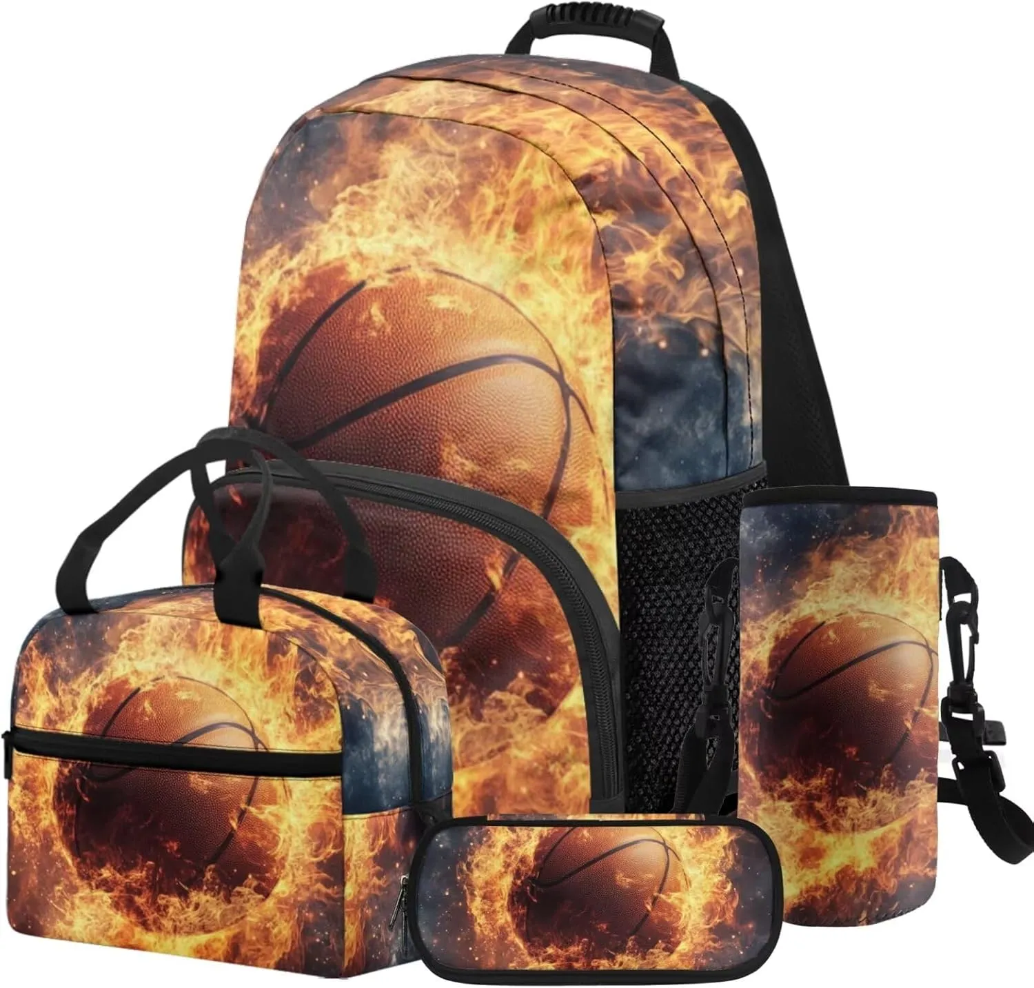 HUGS IDEA Fire Basketball Backpack for Boys 6-8 School Bookbag and Luncbox for Kids Cool School Bags for Elementary Boys Lightweight Book Bag for Kids Travel 17 Inch Schoolbag for Students