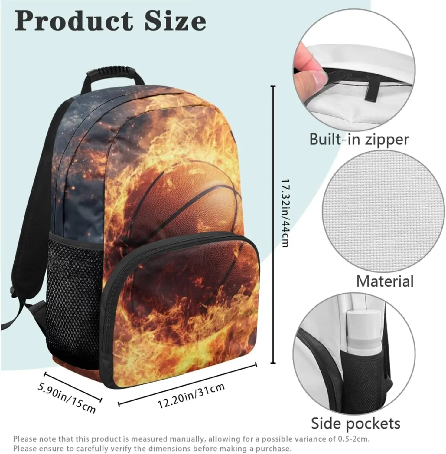 HUGS IDEA Fire Basketball Backpack for Boys 6-8 School Bookbag and Luncbox for Kids Cool School Bags for Elementary Boys Lightweight Book Bag for Kids Travel 17 Inch Schoolbag for Students