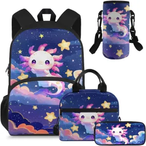 HUGS IDEA Galaxy Axolotl Backpack for School Girls Star Bookbag with Lunch Box Large Capacity School Bookbag Set for Elementary Girls 4 in 1 School Bag for 5th Grade Girls 15 Inch Travel Rucksack
