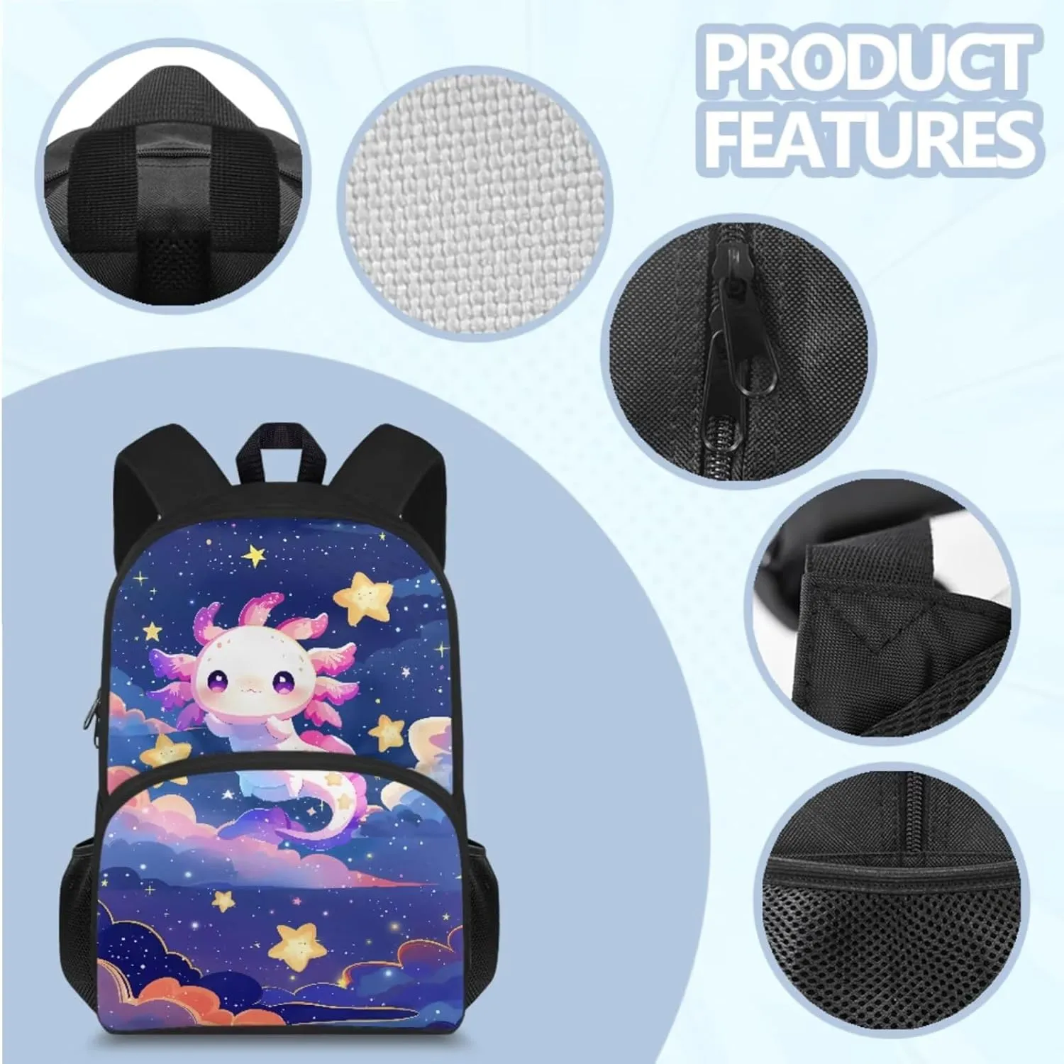 HUGS IDEA Galaxy Axolotl Backpack for School Girls Star Bookbag with Lunch Box Large Capacity School Bookbag Set for Elementary Girls 4 in 1 School Bag for 5th Grade Girls 15 Inch Travel Rucksack
