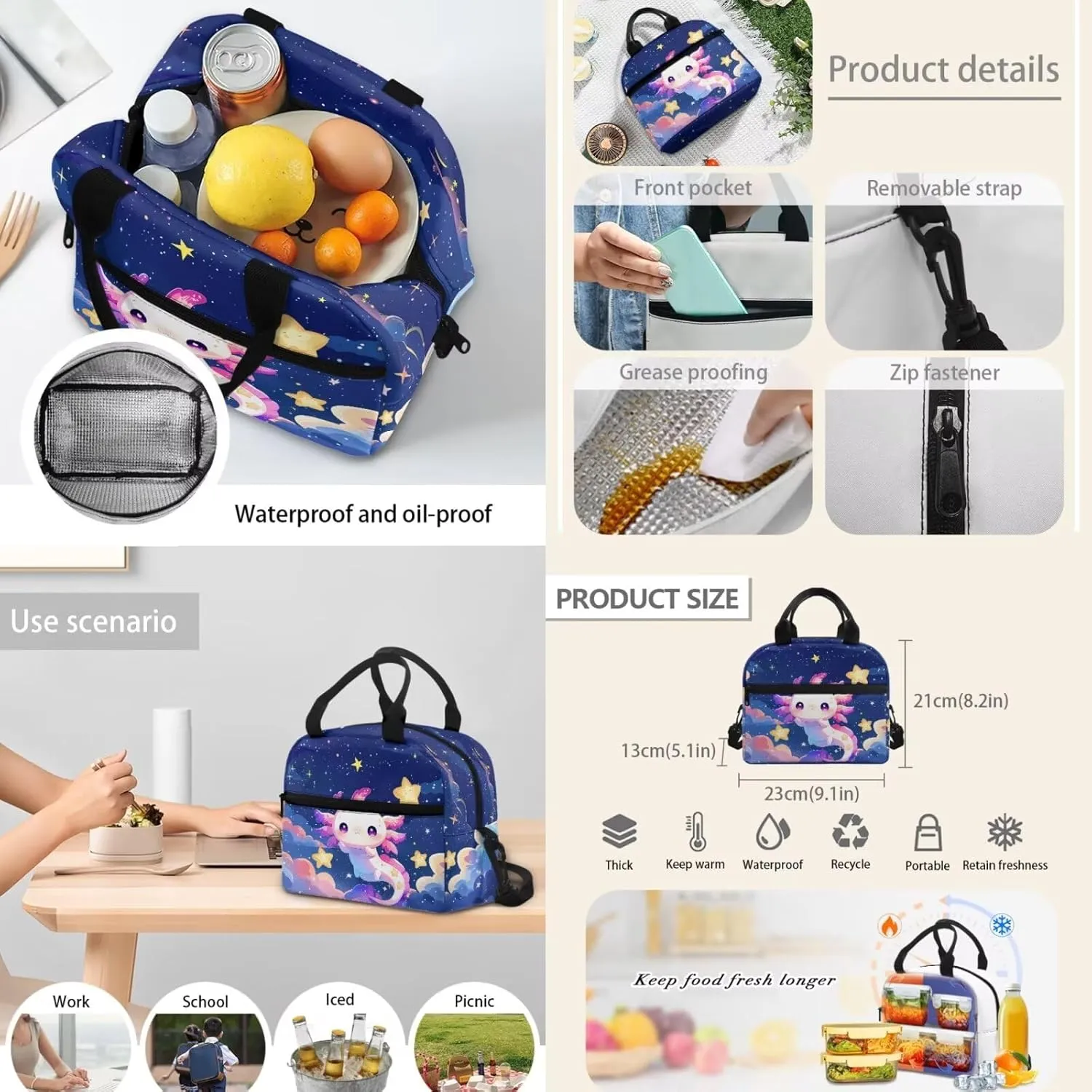 HUGS IDEA Galaxy Axolotl Backpack for School Girls Star Bookbag with Lunch Box Large Capacity School Bookbag Set for Elementary Girls 4 in 1 School Bag for 5th Grade Girls 15 Inch Travel Rucksack