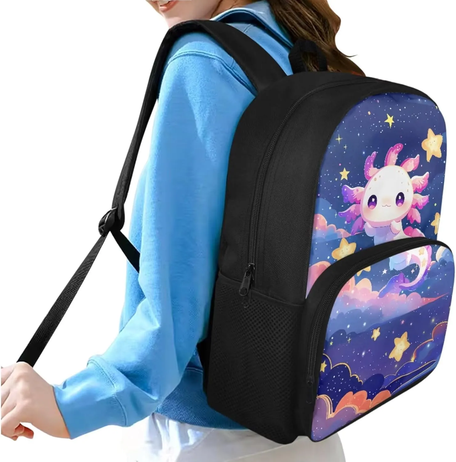 HUGS IDEA Galaxy Axolotl Backpack for School Girls Star Bookbag with Lunch Box Large Capacity School Bookbag Set for Elementary Girls 4 in 1 School Bag for 5th Grade Girls 15 Inch Travel Rucksack
