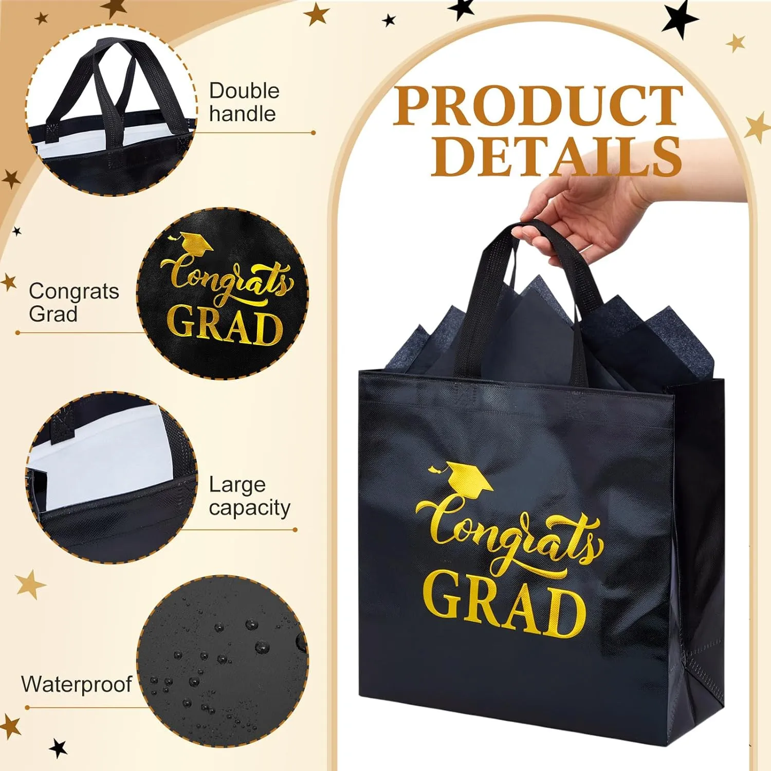 HunnmingRe 24 Sets Large Graduation Gift Bags 2025 Shiny Non Woven Congrats Grad Toe Bags with Handles and Tissue Papers for College High School Party Favors, 11.81 x 11.42 x 5.12 Inch, Black and Gold
