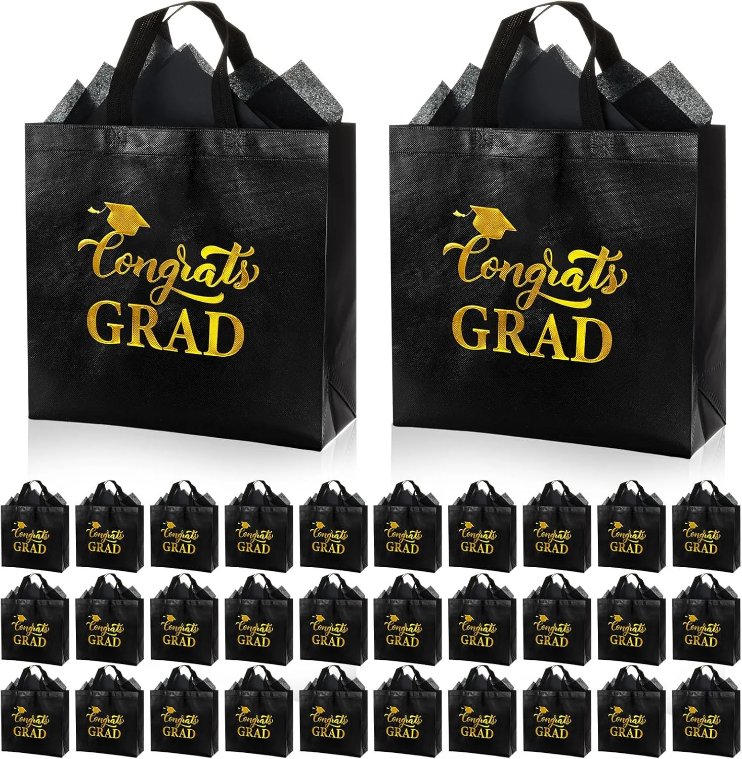 HunnmingRe 24 Sets Large Graduation Gift Bags 2025 Shiny Non Woven Congrats Grad Toe Bags with Handles and Tissue Papers for College High School Party Favors, 11.81 x 11.42 x 5.12 Inch, Black and Gold