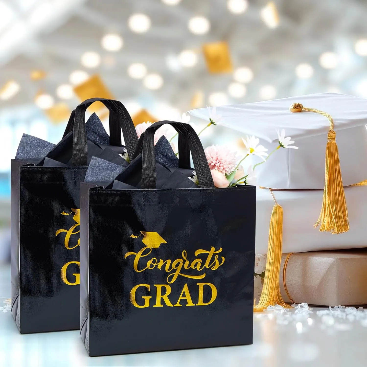 HunnmingRe 24 Sets Large Graduation Gift Bags 2025 Shiny Non Woven Congrats Grad Toe Bags with Handles and Tissue Papers for College High School Party Favors, 11.81 x 11.42 x 5.12 Inch, Black and Gold