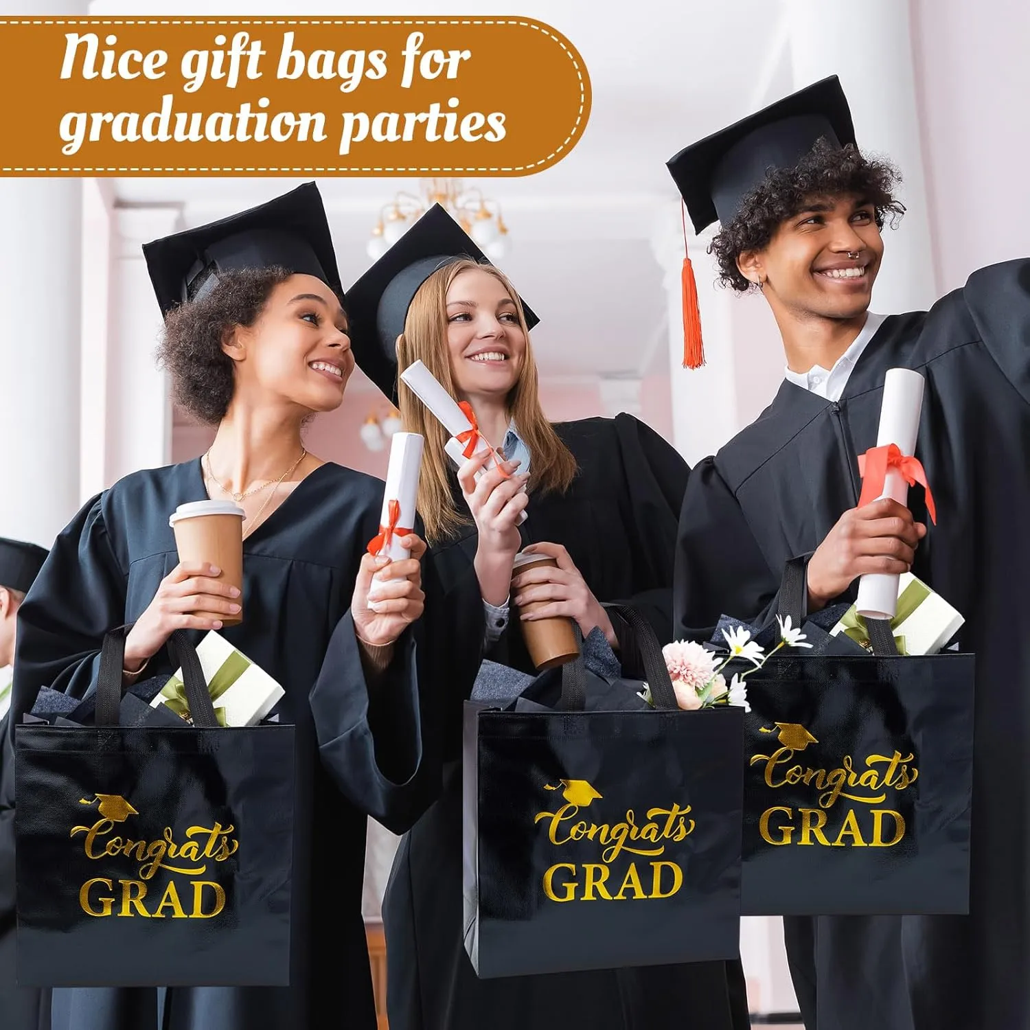 HunnmingRe 24 Sets Large Graduation Gift Bags 2025 Shiny Non Woven Congrats Grad Toe Bags with Handles and Tissue Papers for College High School Party Favors, 11.81 x 11.42 x 5.12 Inch, Black and Gold