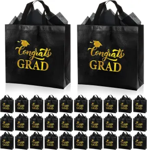 HunnmingRe 24 Sets Large Graduation Gift Bags 2025 Shiny Non Woven Congrats Grad Toe Bags with Handles and Tissue Papers for College High School Party Favors, 11.81 x 11.42 x 5.12 Inch, Black and Gold