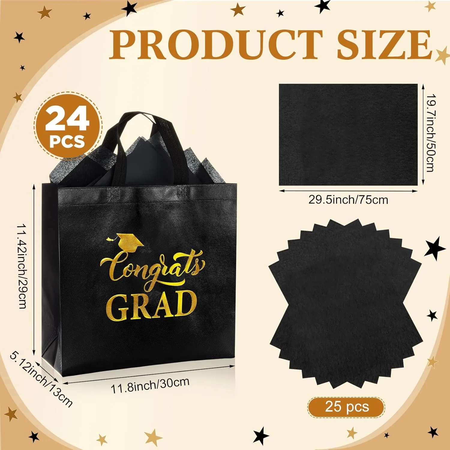 HunnmingRe 24 Sets Large Graduation Gift Bags 2025 Shiny Non Woven Congrats Grad Toe Bags with Handles and Tissue Papers for College High School Party Favors, 11.81 x 11.42 x 5.12 Inch, Black and Gold