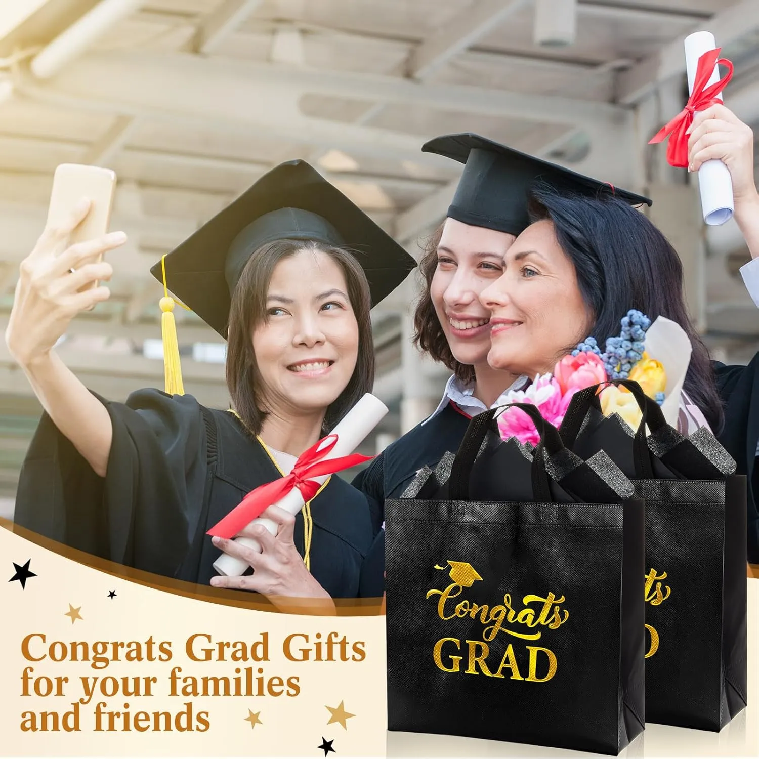HunnmingRe 24 Sets Large Graduation Gift Bags 2025 Shiny Non Woven Congrats Grad Toe Bags with Handles and Tissue Papers for College High School Party Favors, 11.81 x 11.42 x 5.12 Inch, Black and Gold