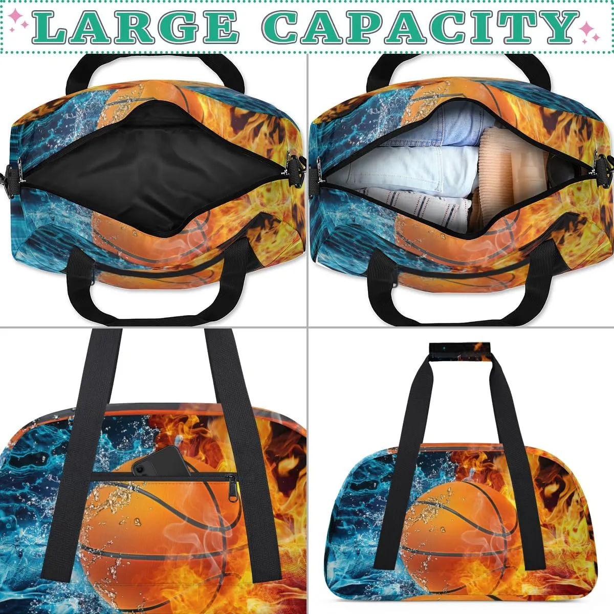 Ice and Fire Basketball Boys Girls Gym Bag Dance Perform Training Duffel Bags Weekender Carry-On Tote Luggage Bag Ideal for School Practice or Overnight Trips